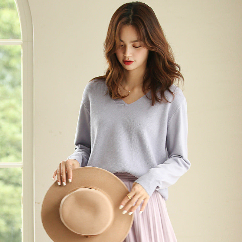 V-Neck Knit Sweater Top Women Solid Color Bottoming Shirt Women