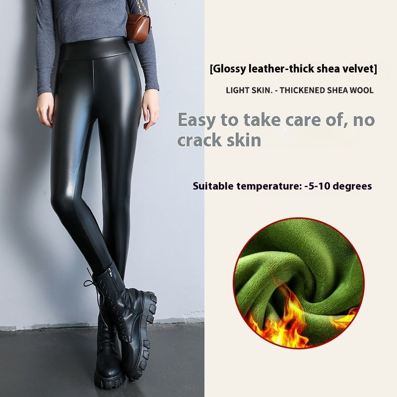 Fleece-lined Thick Leggings Tight Leather Pants