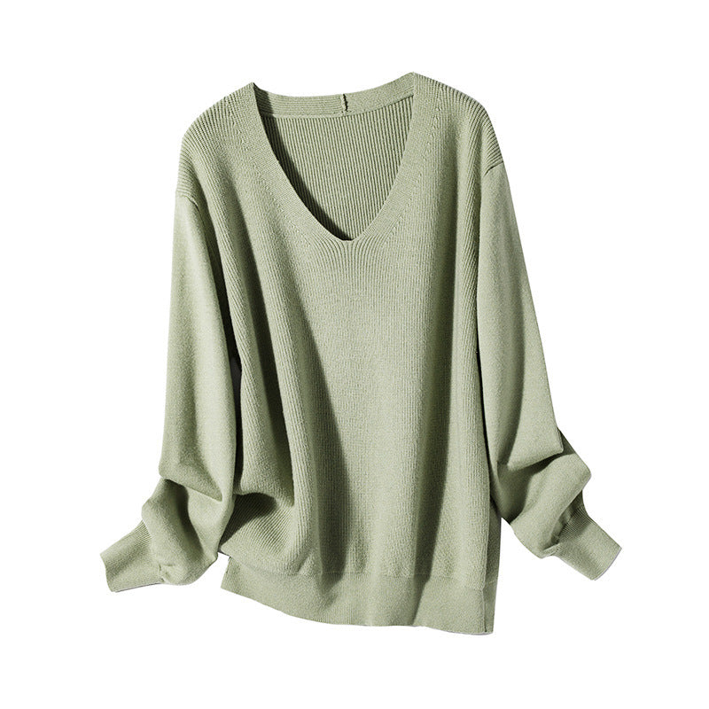 V-Neck Knit Sweater Top Women Solid Color Bottoming Shirt Women